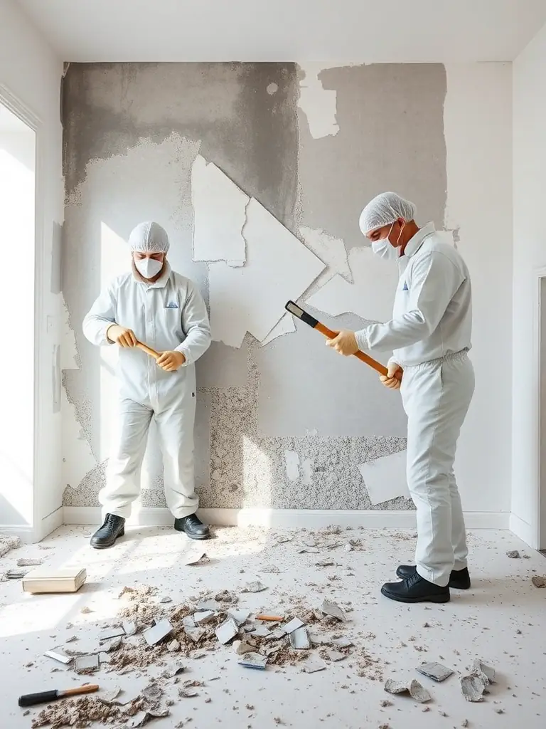 Technicians removing mold-infested drywall and other materials, showcasing the mold removal and cleaning phase.