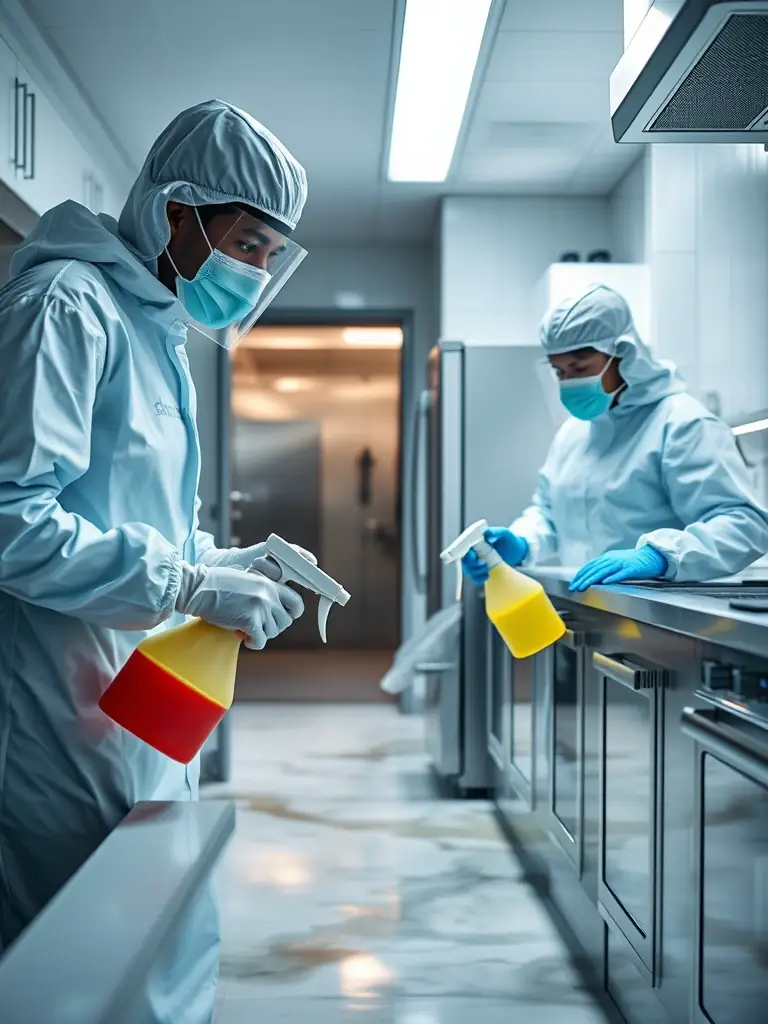 A photo illustrating the cleaning and sanitization process, with technicians in protective gear disinfecting affected areas.