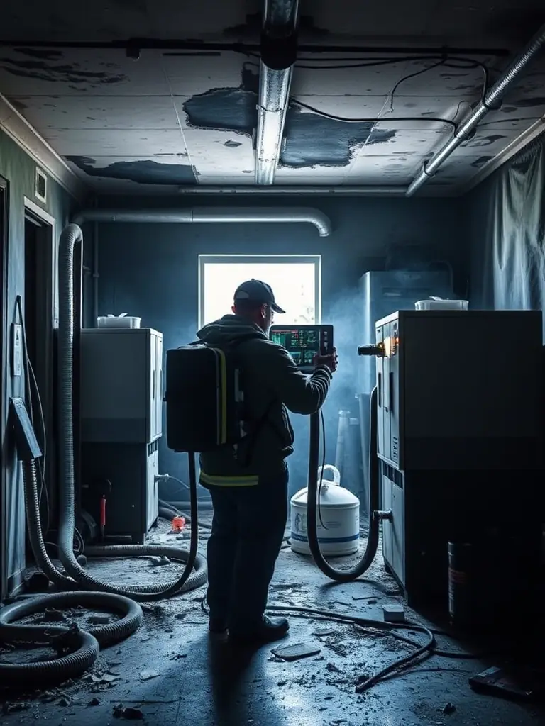 A photo of Florida Fire Mold Fix technicians using air scrubbers and ozone generators to eliminate smoke odors from a fire-damaged building.