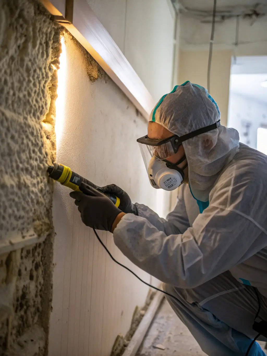 A technician setting up air scrubbers and containment barriers in a room affected by mold, illustrating the containment and air filtration process.