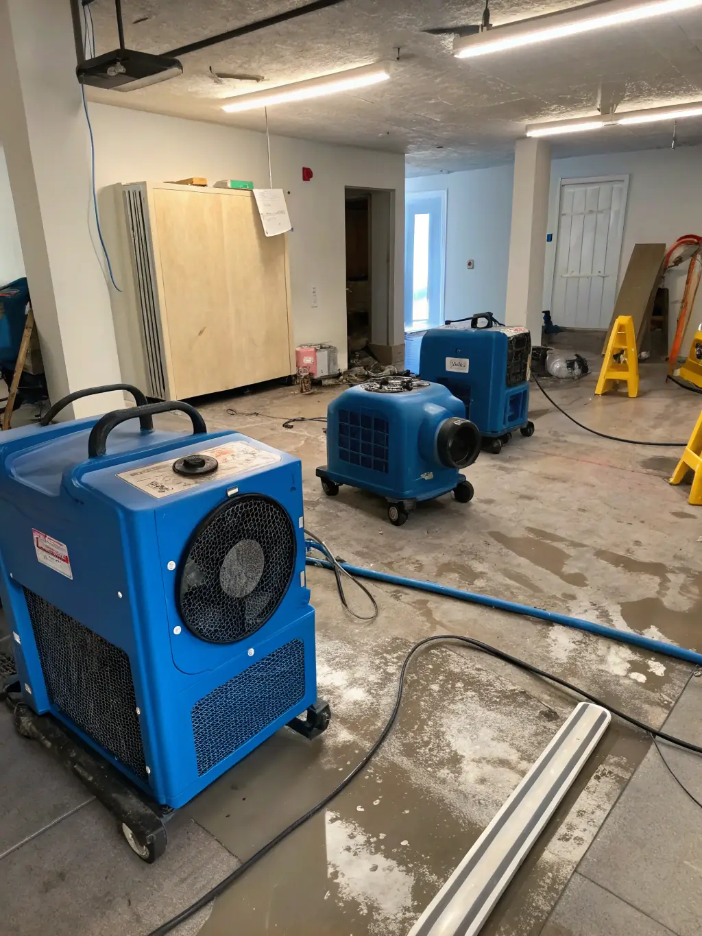 A photo showing specialized drying equipment, such as dehumidifiers and air movers, being used in a water-damaged building.