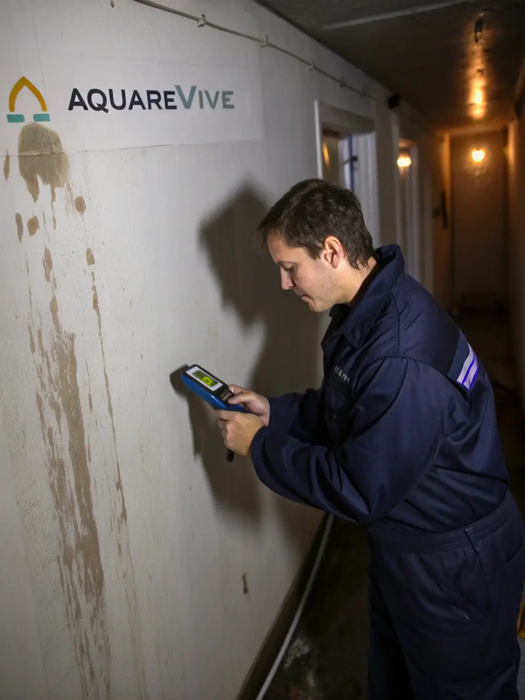 A photo depicting a technician using a moisture meter to assess water damage in a flooded home, focusing on the initial inspection phase.