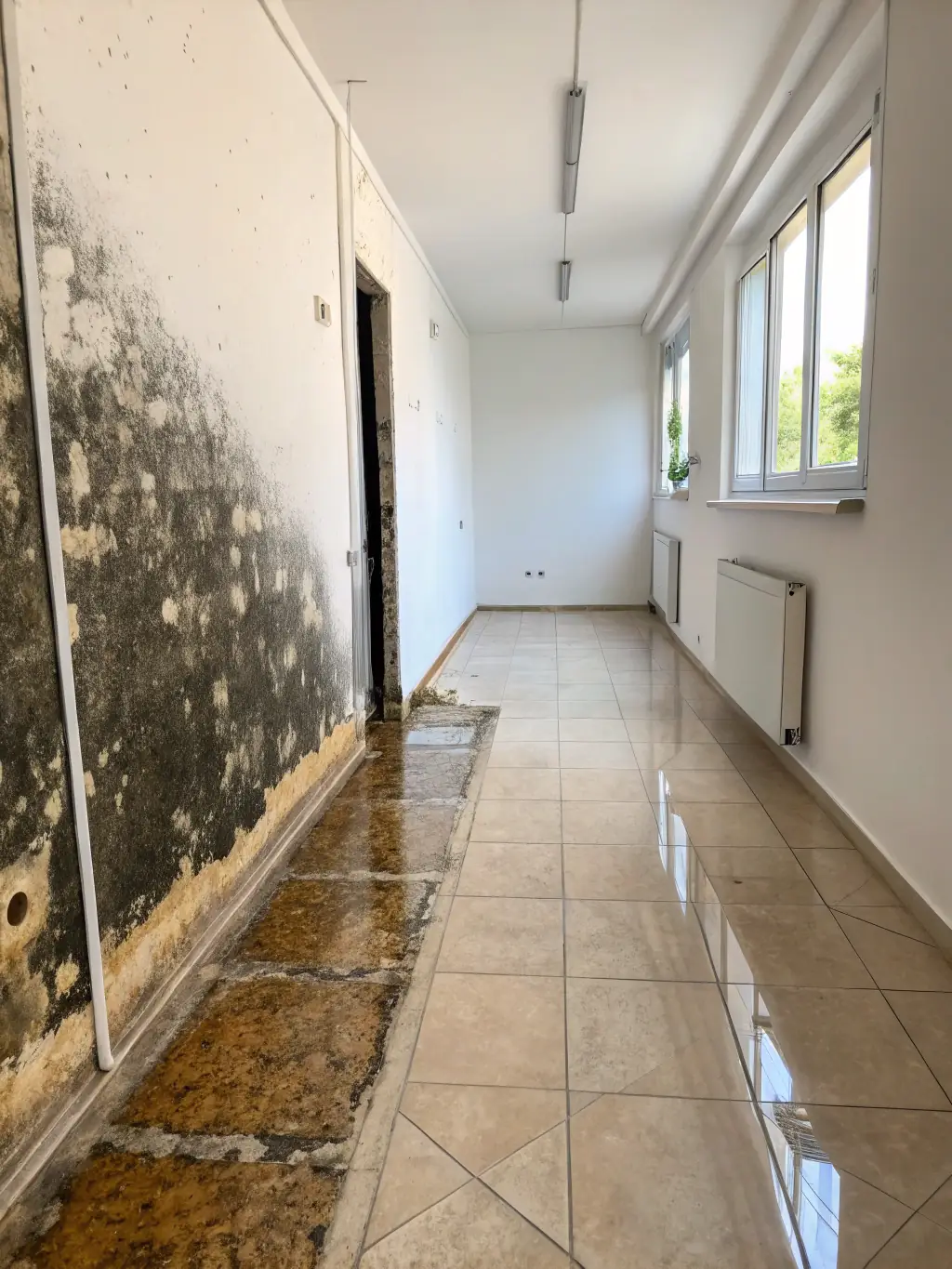 A before-and-after photo showing a mold-infested area in a Florida home and the same area after Florida Fire Mold Fix's remediation services, looking clean and safe.