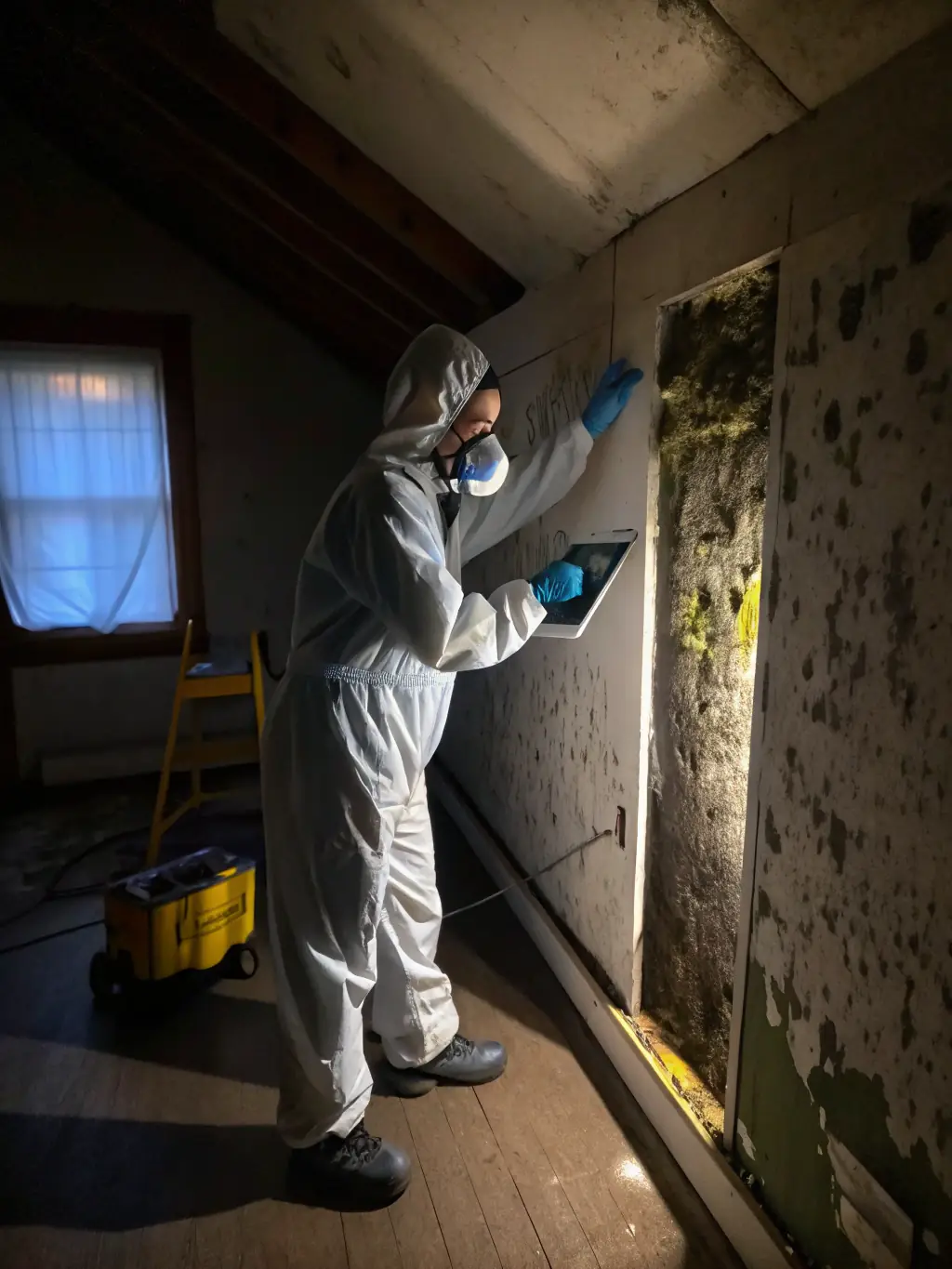 A photo showcasing Florida Fire Mold Fix technicians in protective gear, carefully removing mold-infested drywall from a residential property.