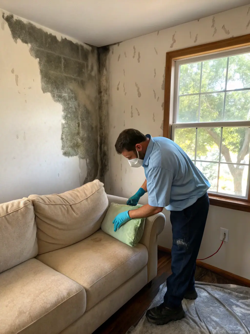 An image showing Florida Fire Mold Fix specialists removing soot and debris from a fire-damaged room, using specialized cleaning equipment and protective gear.