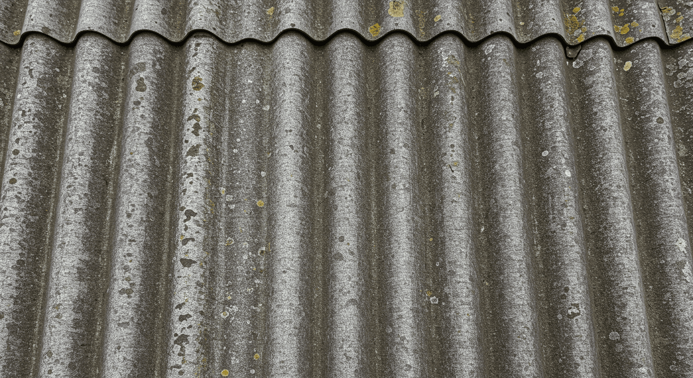 A close-up shot of an old house with visible asbestos siding, showcasing its texture and condition. The image captures the essence of the material, emphasizing the need for repair.