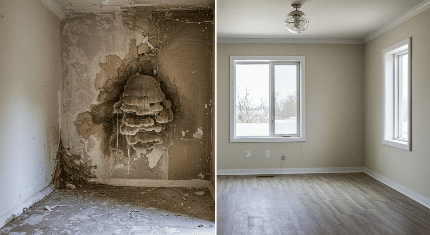 A split image showing a before-and-after scenario: one side depicts a mold-infested area, while the other shows the same area clean and mold-free after remediation.