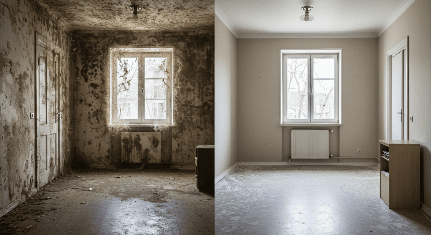A split image showing a before-and-after scenario of a mold-infested room. One side displays the room covered in mold, while the other side shows the same room clean and restored, emphasizing the effectiveness of mold remediation.