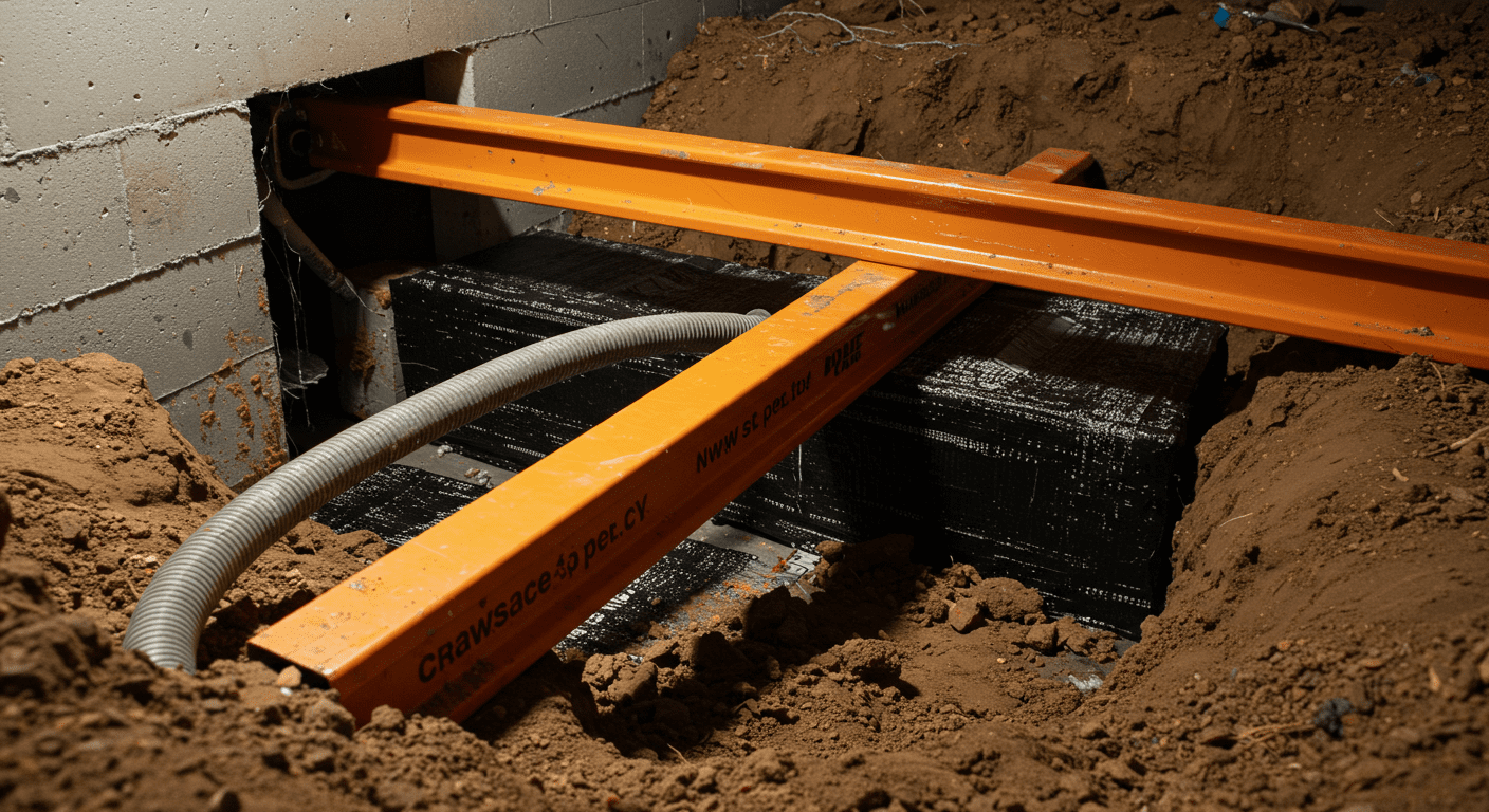 A close-up of a foundation repair process in a crawl space, showing the application of support beams and waterproofing materials. This image illustrates the technical aspects of crawl space repair.