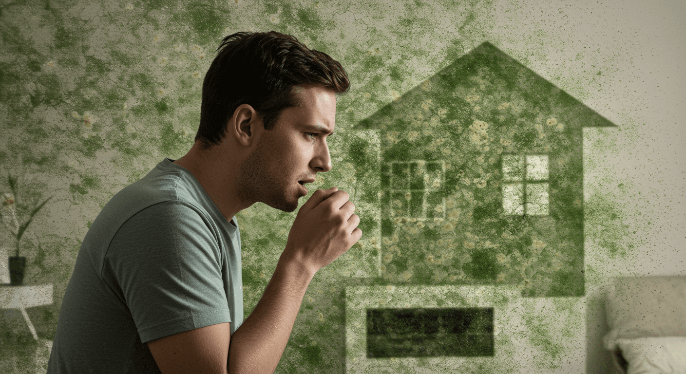 A visual representation of a person coughing or experiencing discomfort in a home environment, with a subtle overlay of green mold in the background to indicate health risks.