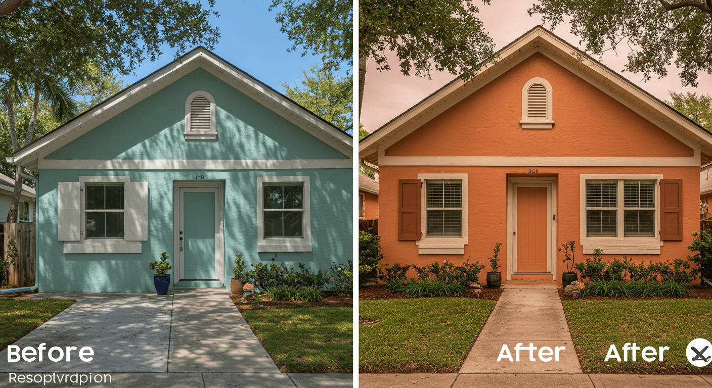A before-and-after comparison of a restored home exterior in Lakeland, showcasing vibrant colors and a welcoming atmosphere.