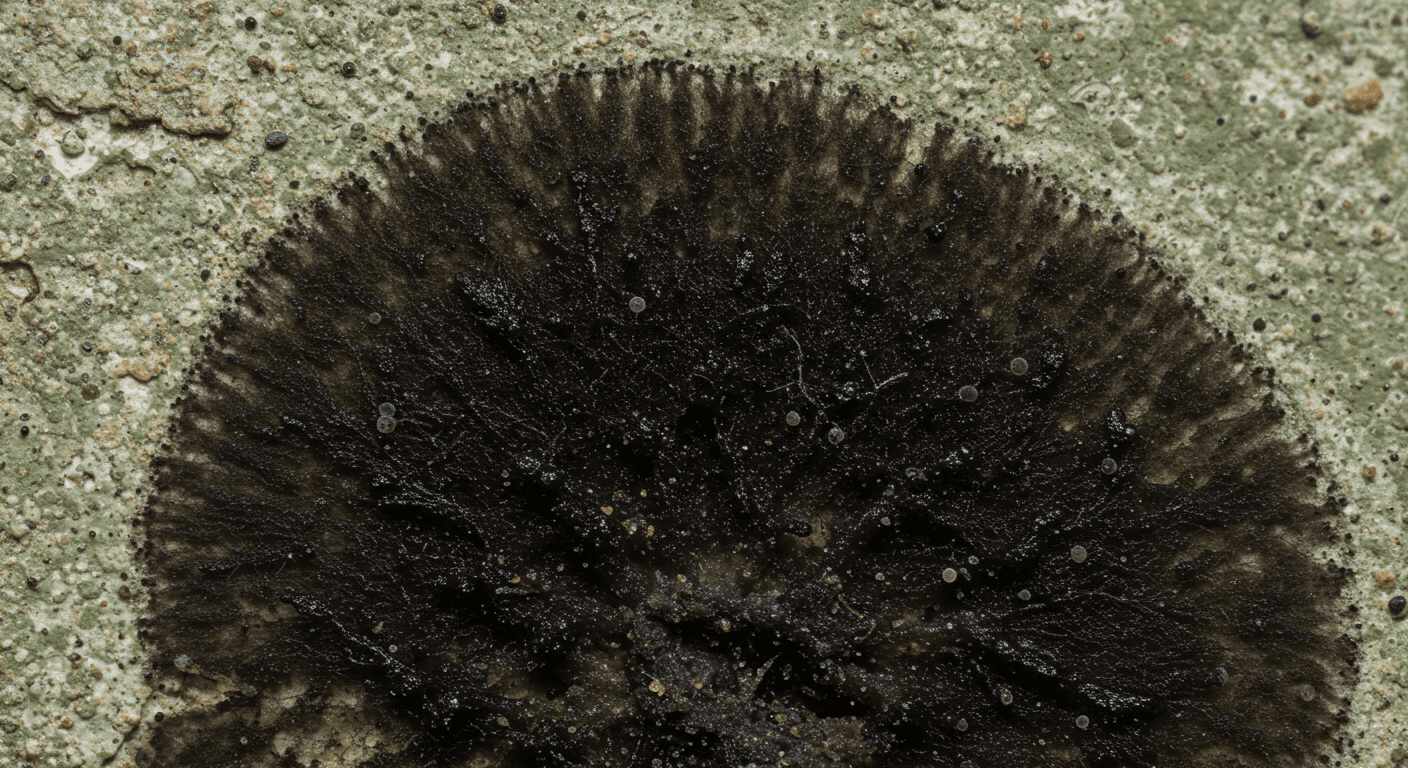 A close-up shot of black mold growing on a damp wall, highlighting its fuzzy texture and dark color.