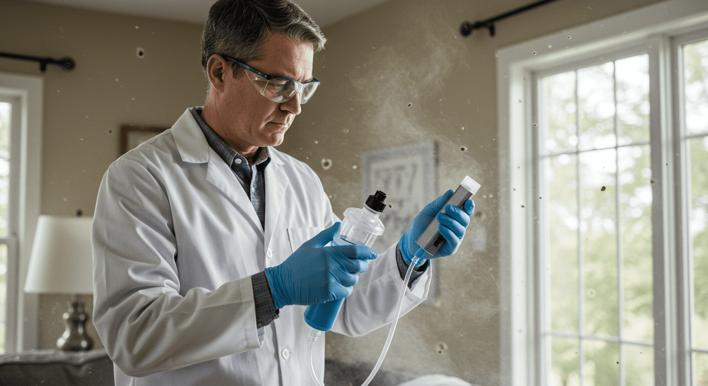 An inspector taking air samples in a residential setting, showing the importance of air quality in mold testing.