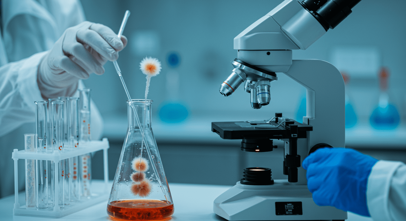 A laboratory setting where mold samples are being analyzed under a microscope. The image captures the scientific aspect of mold testing, showcasing advanced technology and expertise.