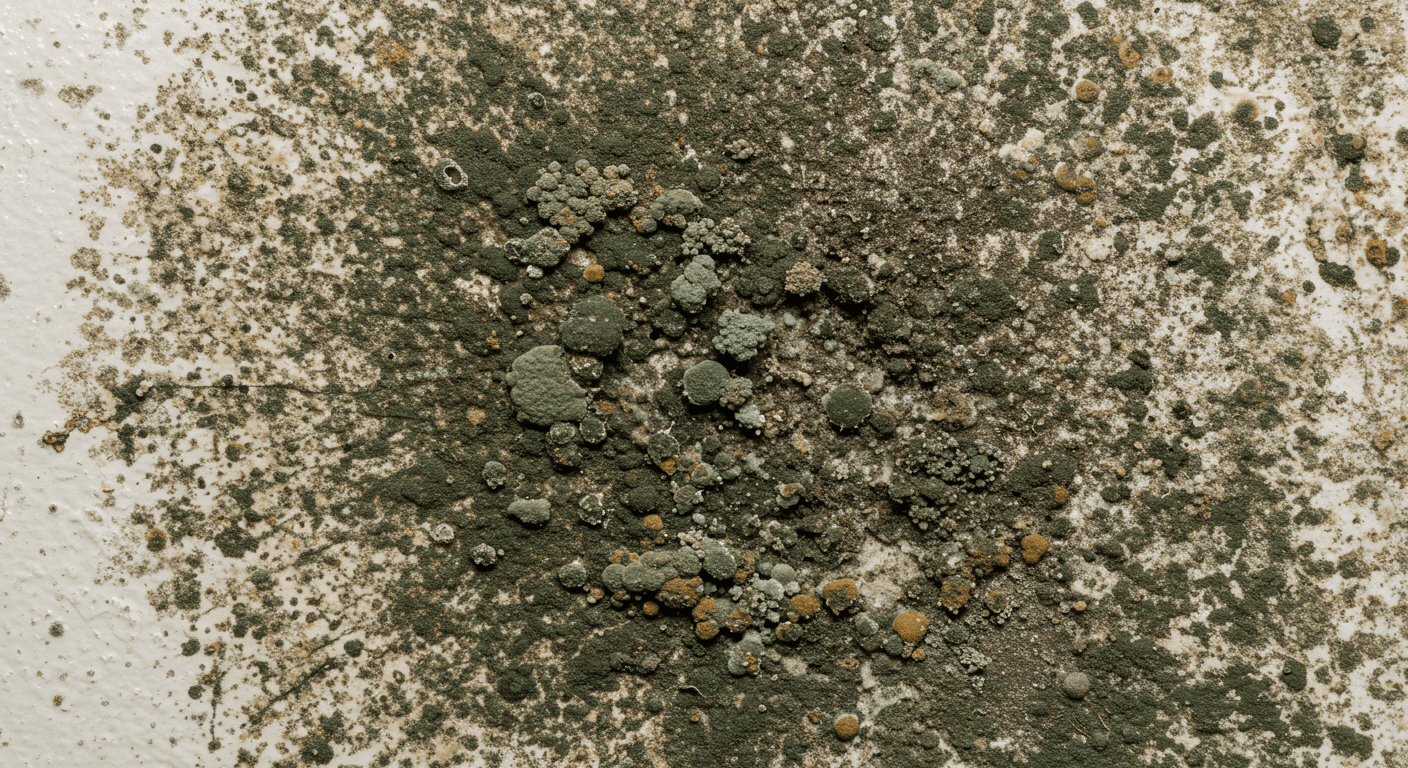 A close-up image of mold growing on the interior wall of a home, showcasing various colors and textures of mold. The wall is slightly damp, indicating moisture presence.