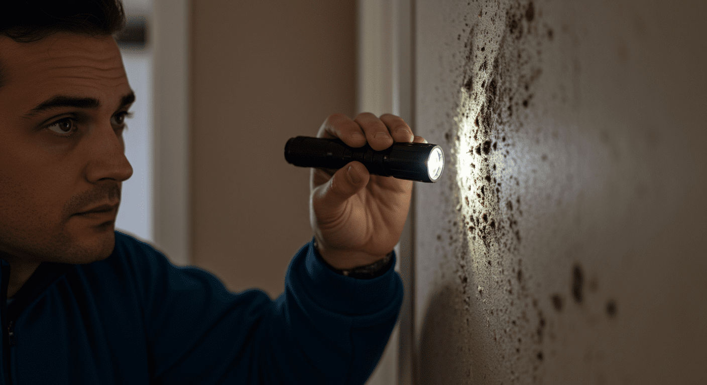 A close-up shot of a home inspector examining a wall with visible mold growth. The inspector is using a flashlight to highlight the mold patches, showcasing the seriousness of the situation.