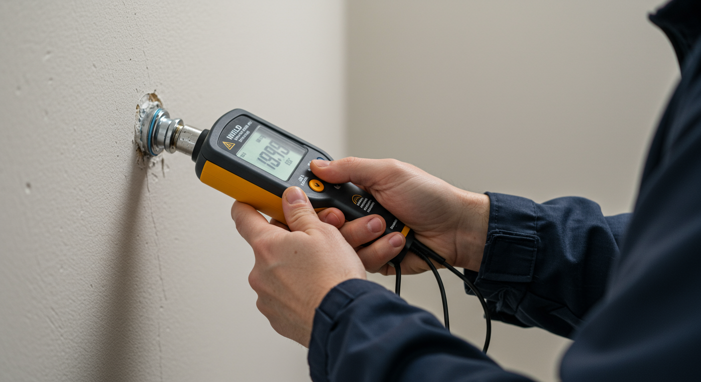 A technician using a moisture meter to inspect a wall for mold presence. The focus is on the tools and the technician's careful examination, emphasizing the thoroughness of the inspection process.