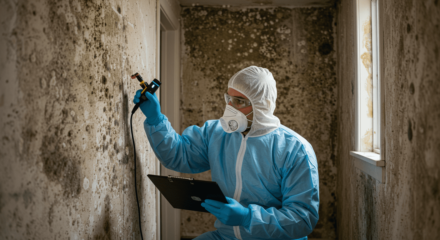 A professional mold inspector examining a home’s interior, using specialized equipment to detect mold. The inspector is focused, wearing protective gear, with visible mold patches on the walls.