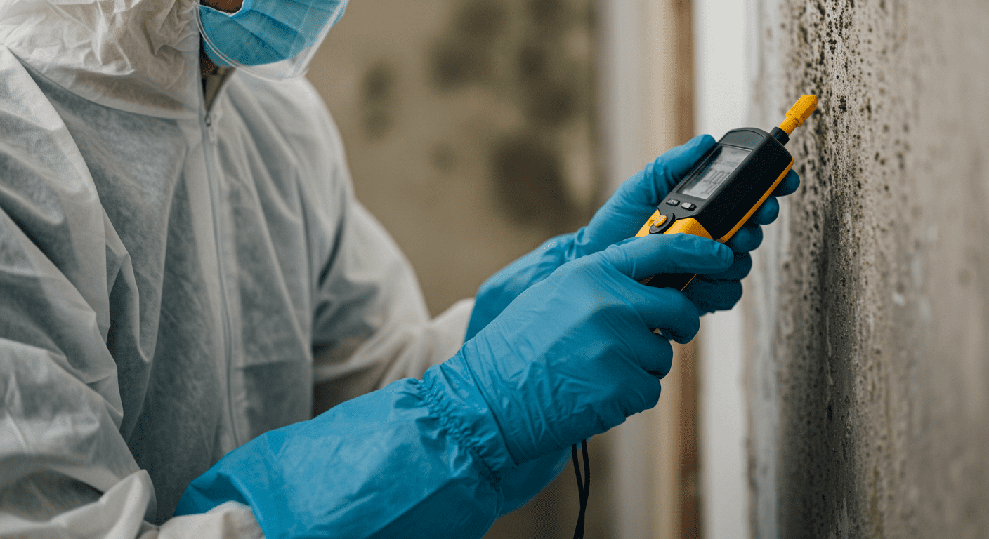 A close-up of a professional wearing protective gear inspecting a wall for mold. The inspector is using a moisture meter, and there are visible signs of mold on the surface.