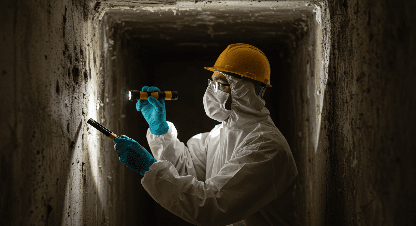 A professional mold inspector examining a wall with visible mold growth.