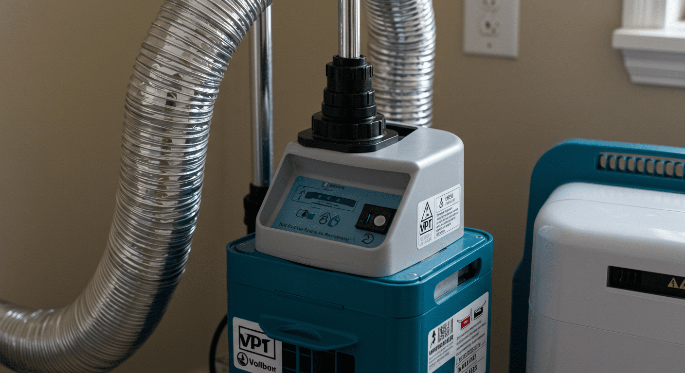 A close-up of mold remediation equipment, including an air scrubber and dehumidifier, set up in a home environment. The equipment is actively working to remove mold spores from the air.
