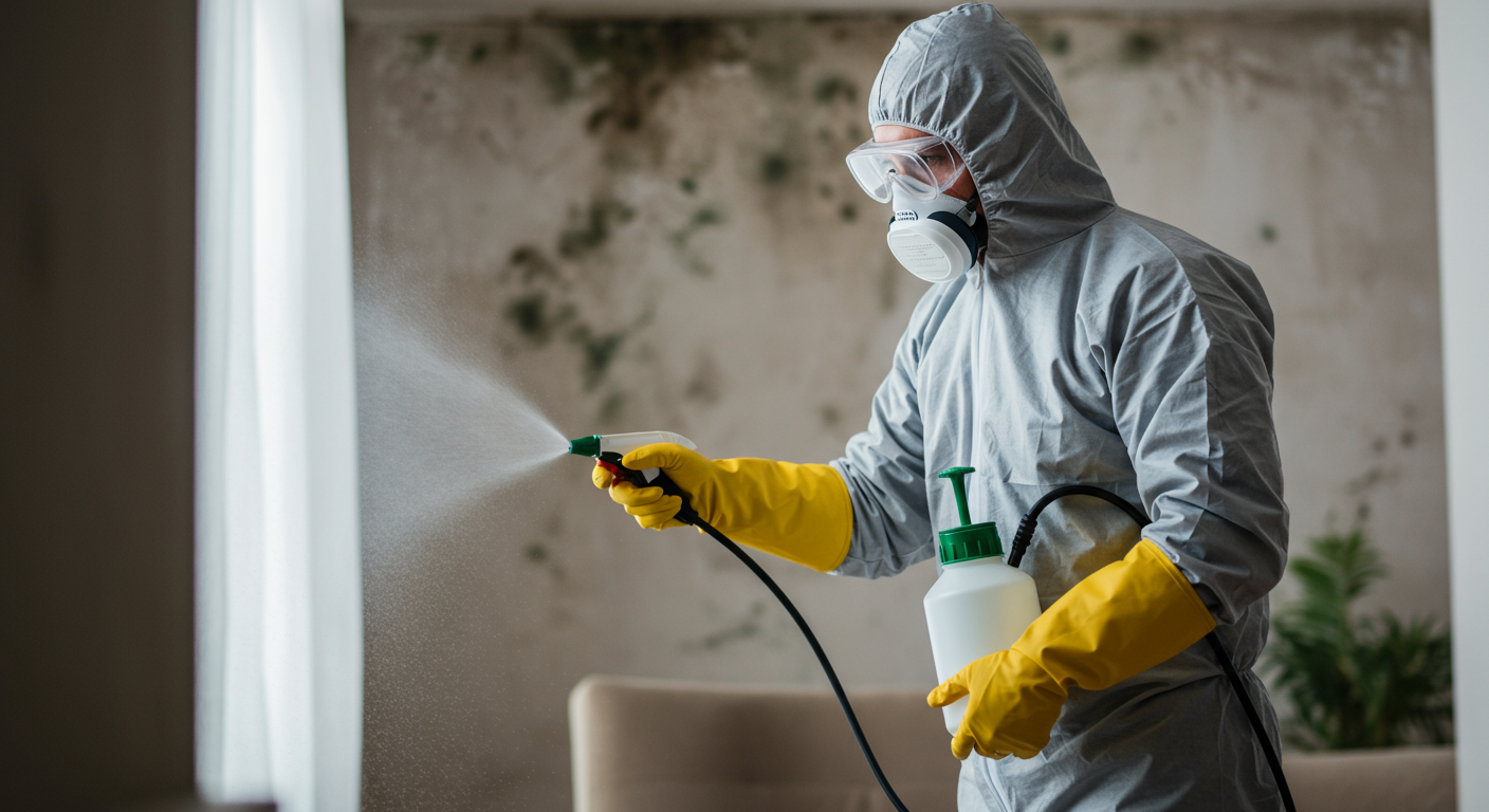 A professional mold remediation technician in protective gear working in a home environment. The technician is seen using a spray bottle to treat mold-affected areas, with visible mold patches in the background, illustrating the remediation process.