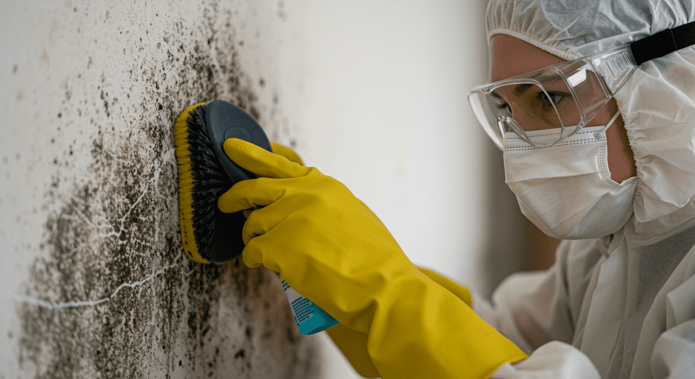A close-up of a person wearing protective gear (gloves, mask, goggles) while scrubbing a wall with visible black mold. The focus is on the action of cleaning, showing determination and safety.