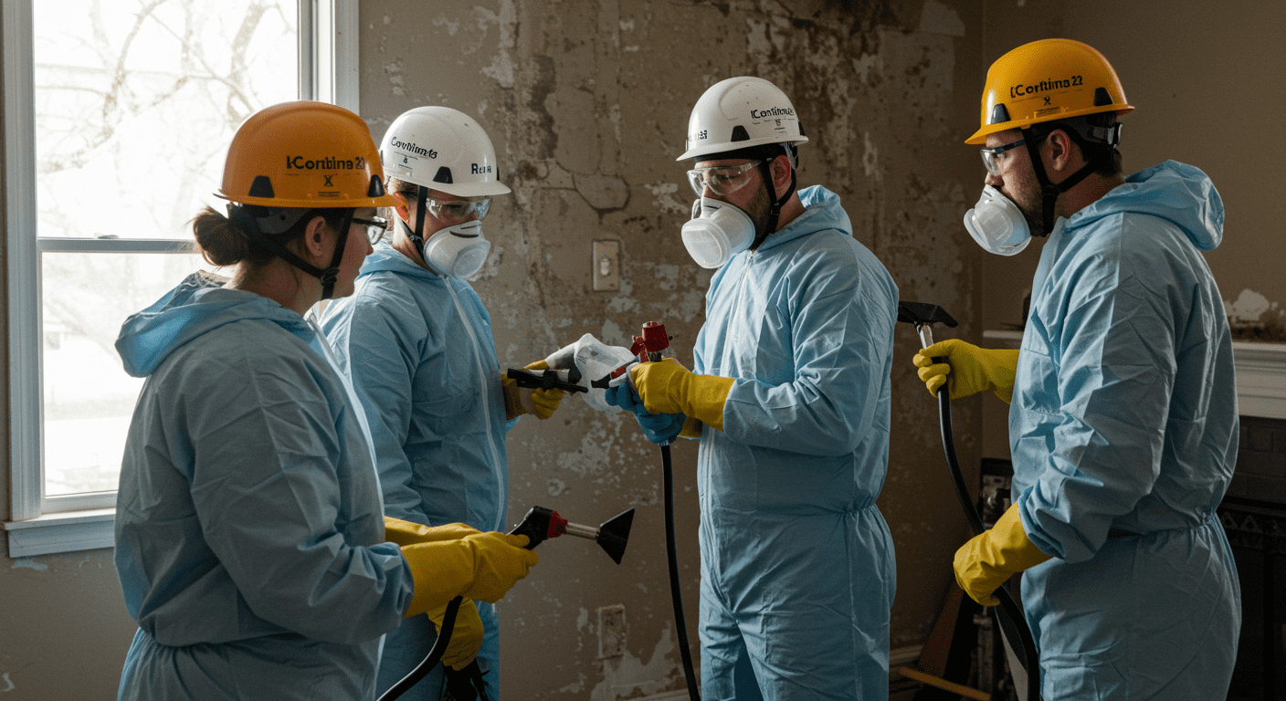 A team of certified mold remediation specialists working together to remove mold from a residential property. They are shown in action, wearing safety gear and using specialized tools.