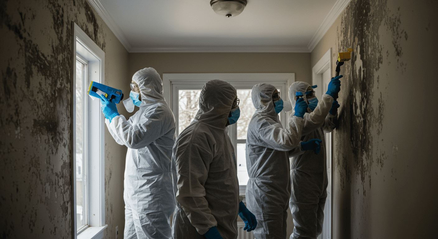 A team of mold remediation specialists in protective gear actively removing mold from a wall in a home.