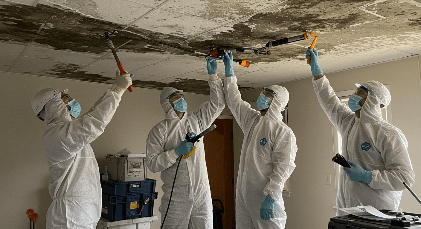 A team of certified mold remediation specialists in protective gear working together to remove mold from a ceiling. Tools and equipment are visible, emphasizing teamwork.