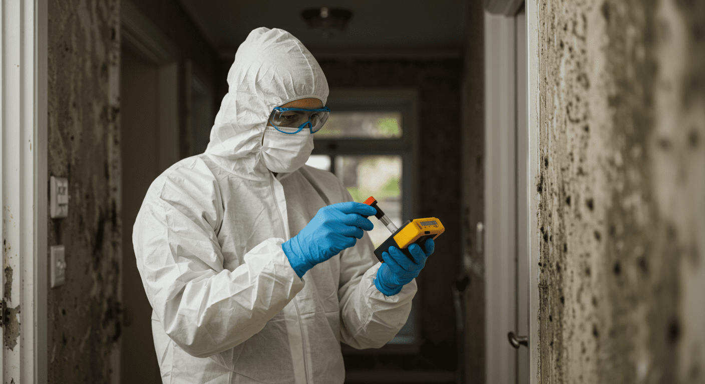 A professional in protective gear conducting mold testing in a residential home.