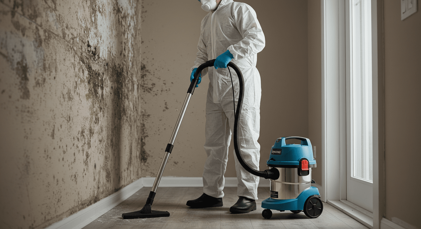 A professional wearing protective gear is actively vacuuming mold from a wall in a residential setting. The vacuum is specifically designed for mold removal, showcasing its unique features.