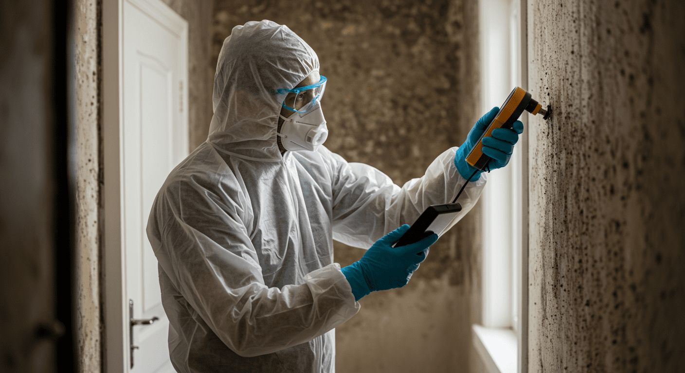 A professional technician in protective gear inspecting a home for mould.