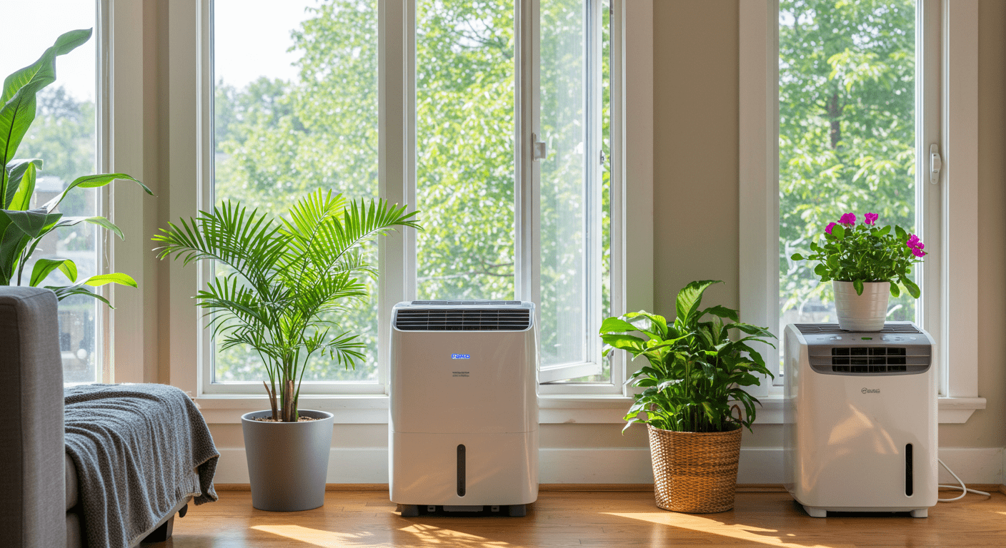 A bright and airy home environment with open windows, dehumidifiers, and moisture-absorbing plants. This image conveys a sense of cleanliness and proactive measures to prevent mold growth.