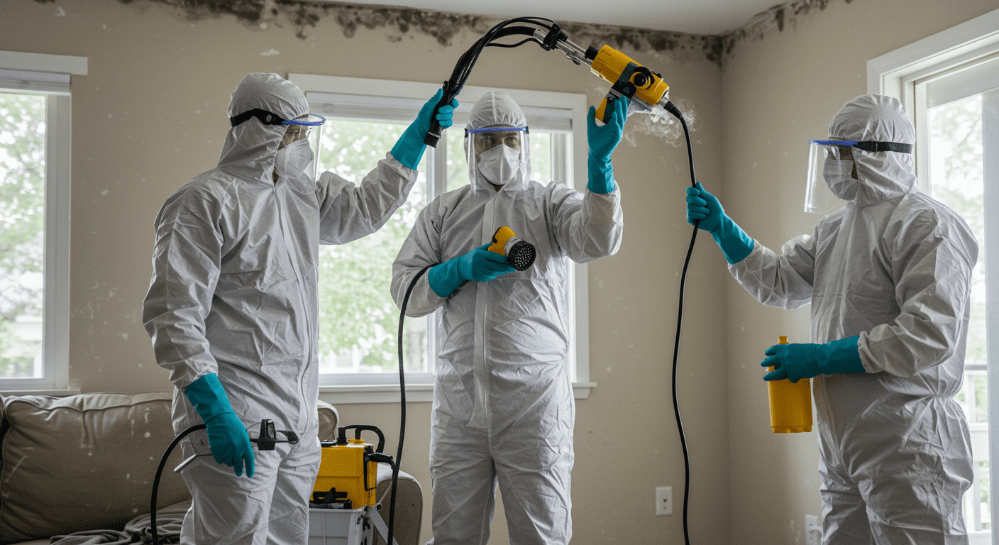A professional mold remediation team in protective gear, using specialized equipment to remove white mold from a home.