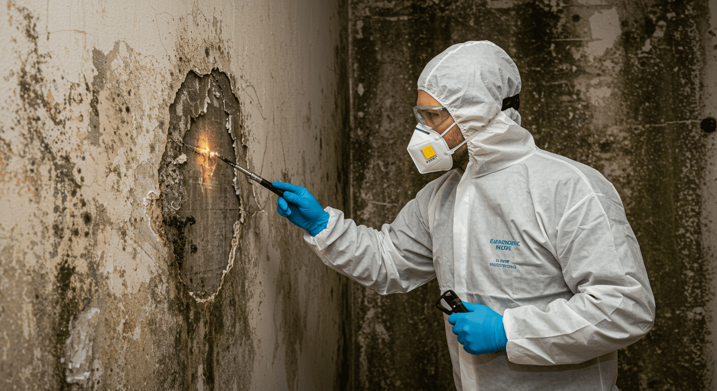 A professional technician in safety gear inspecting a water-damaged wall, with visible mold growth.