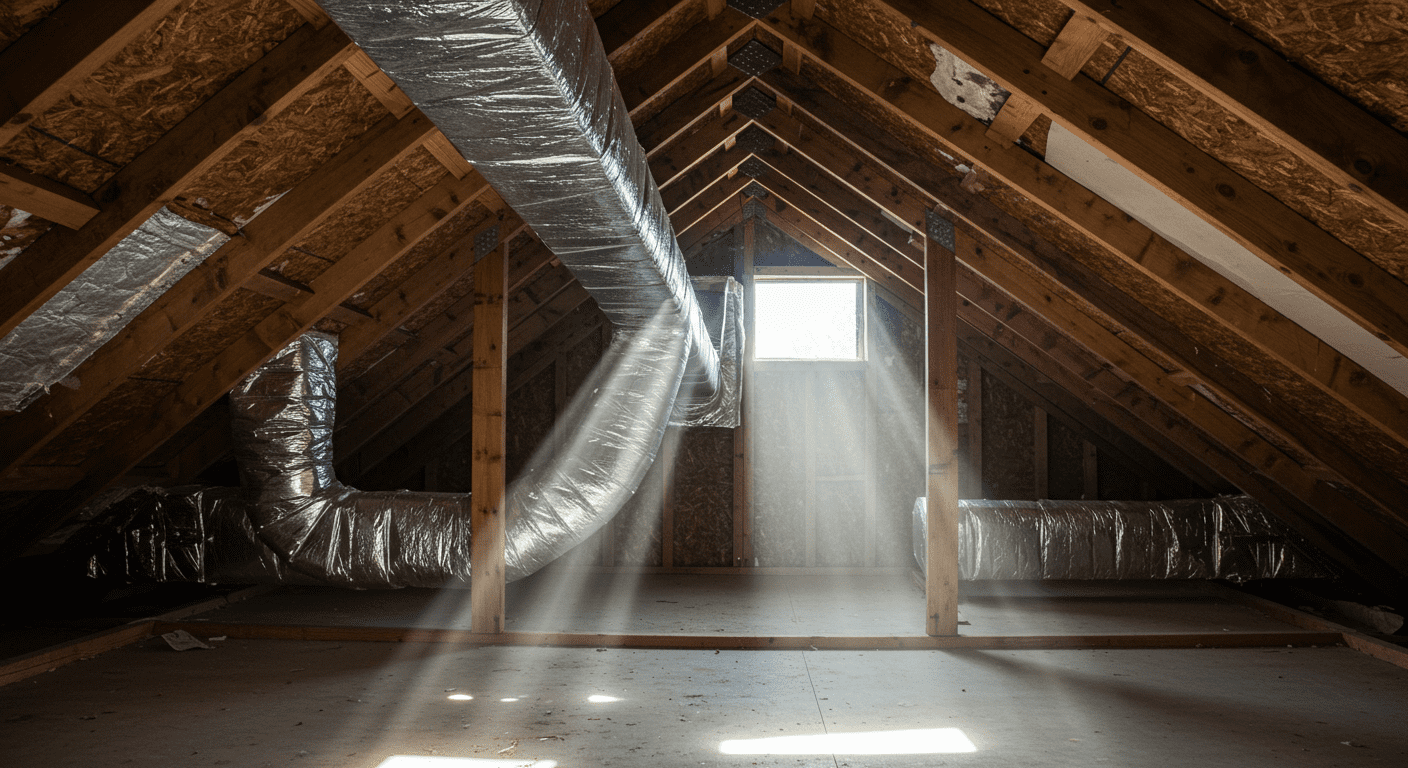 A well-ventilated attic with bright natural light streaming through vents, highlighting clean insulation and no signs of mold.