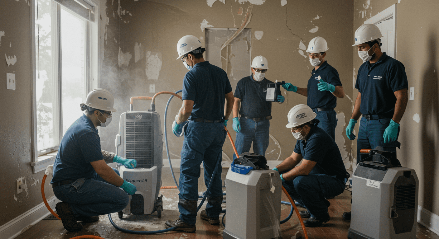 A team of restoration experts is seen working together to repair water damage in a home. They are using equipment like dehumidifiers and fans, with visible water-damaged areas in the background.