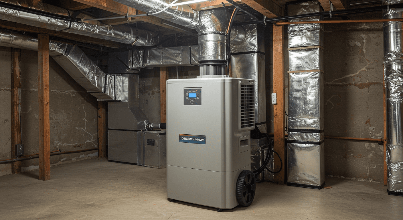 A dehumidifier placed in a crawl space, actively working to reduce humidity levels.