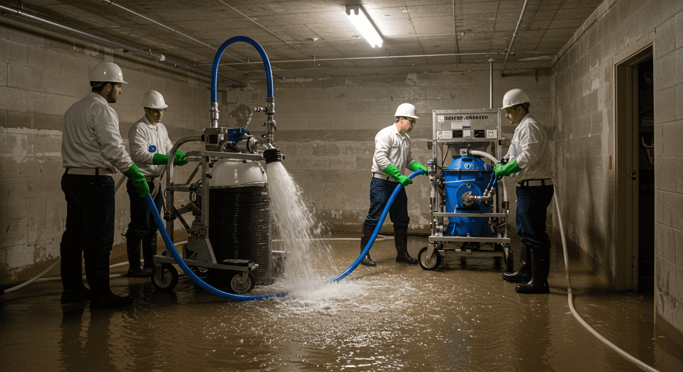 A team of restoration professionals using industrial water extraction equipment in a flooded basement. Water is visibly being removed from the space.