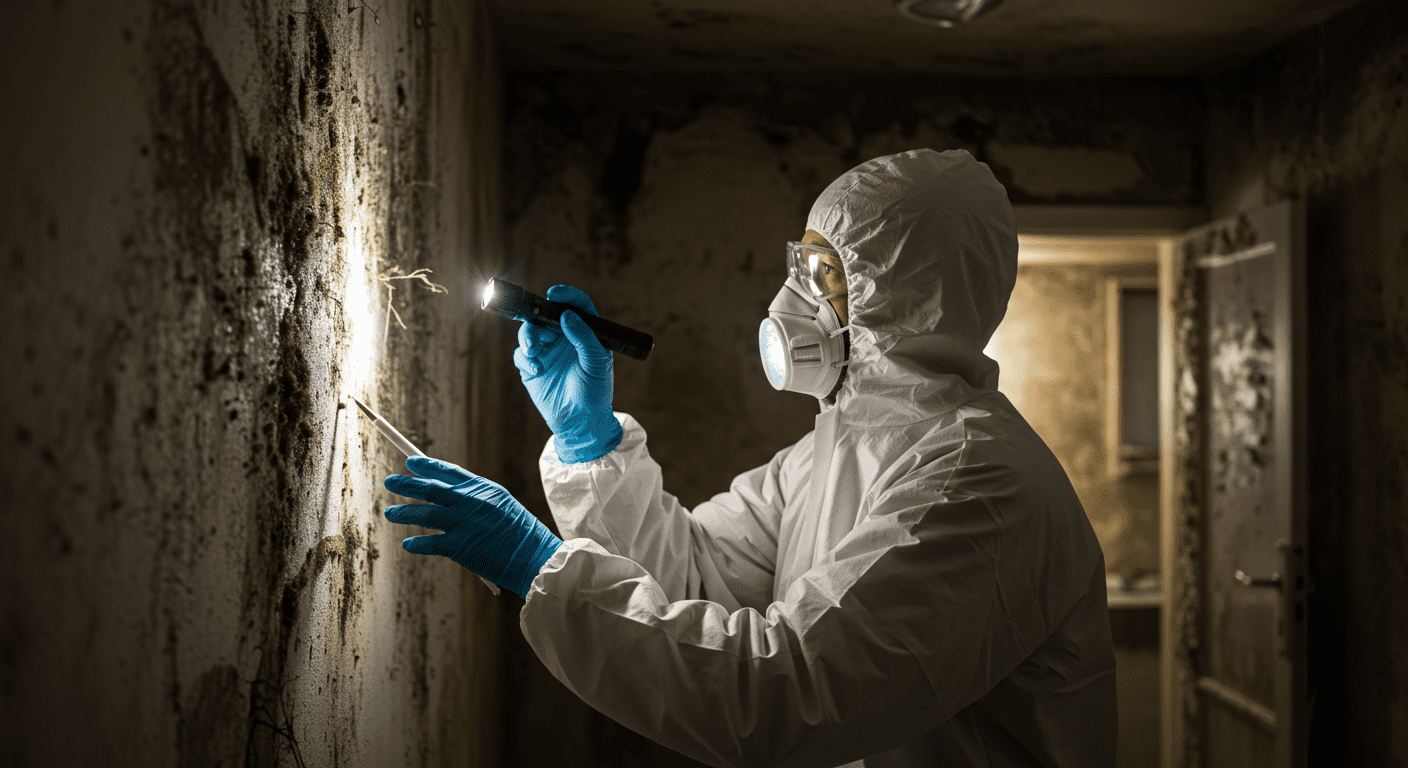 A professional mold inspector examining a wall with visible mold growth, using a flashlight and wearing protective gear. The background shows a dimly lit room with signs of moisture.