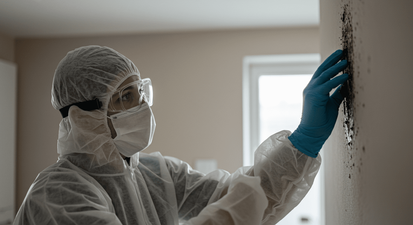 A person wearing protective gear inspecting a wall for black mold