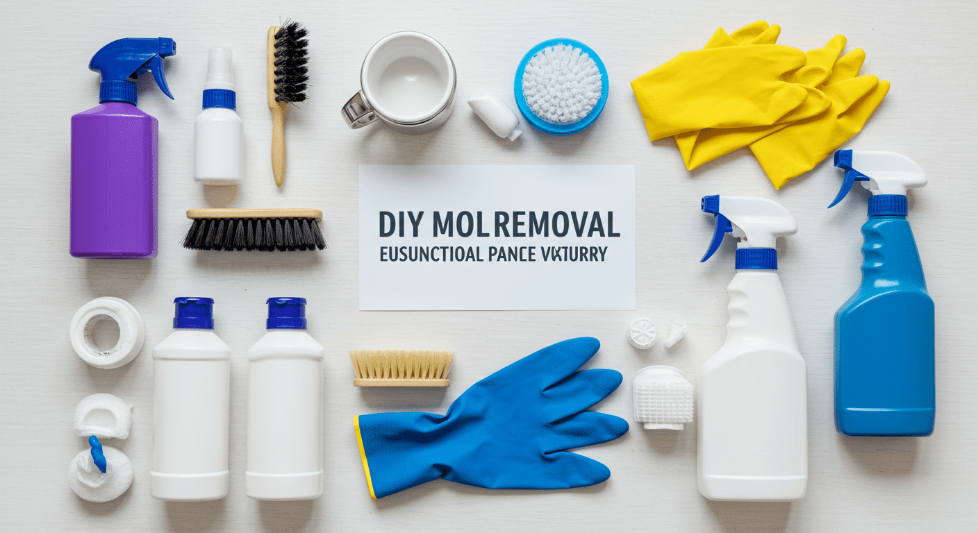 An array of mold removal tools and cleaning supplies laid out on a clean surface, including spray bottles, brushes, and protective gear.