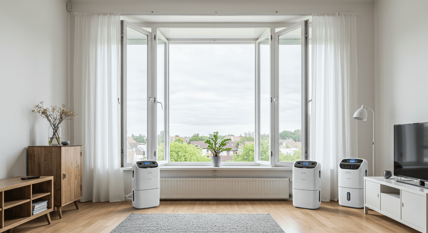 A bright, airy living room with open windows and dehumidifiers in place, showcasing a clean and mold-free environment. The image conveys a sense of freshness and prevention.