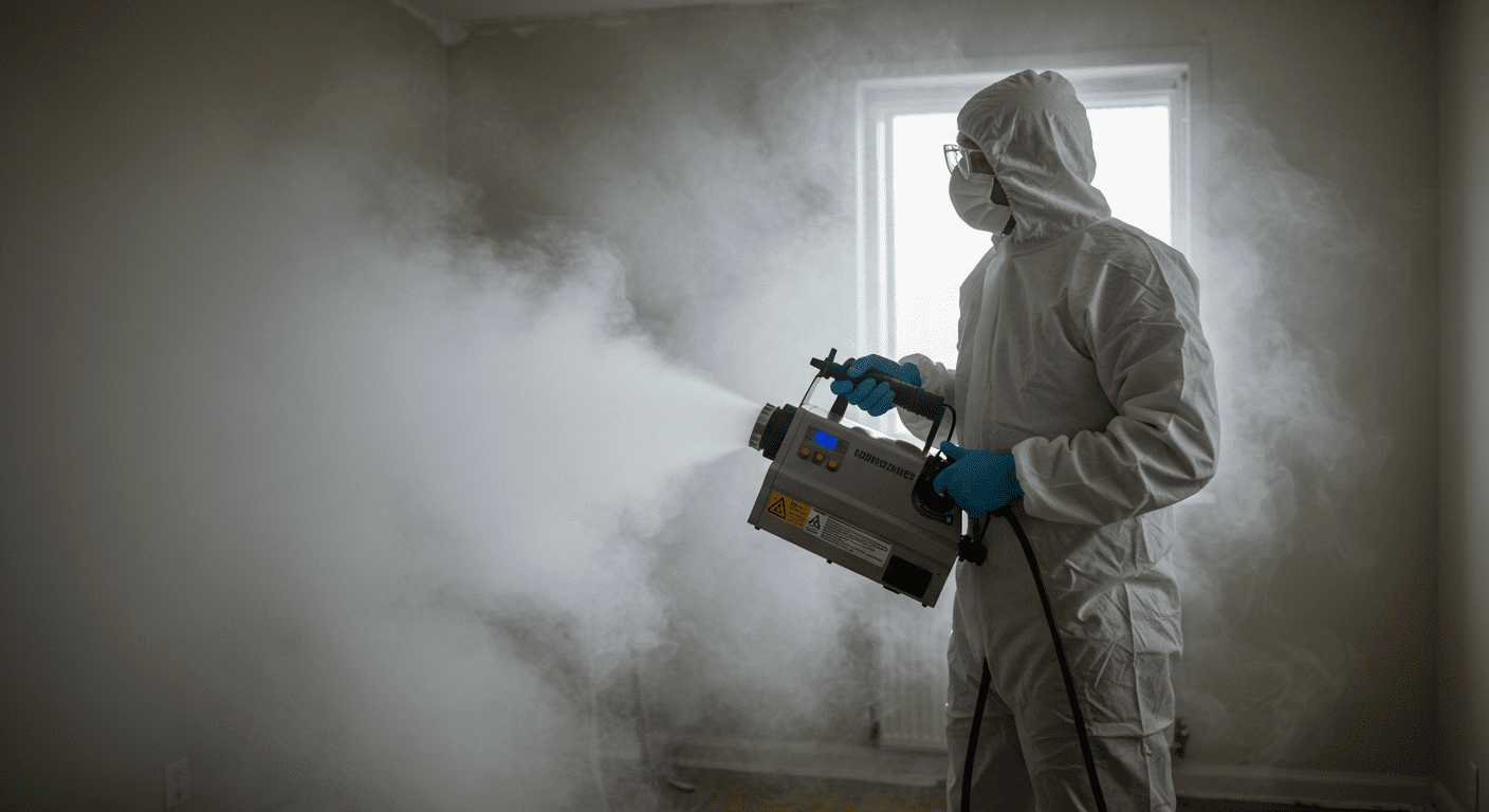 A technician using advanced equipment, such as a fogging machine, during the mold remediation process. The background shows a room being treated with fog to eliminate mold spores.