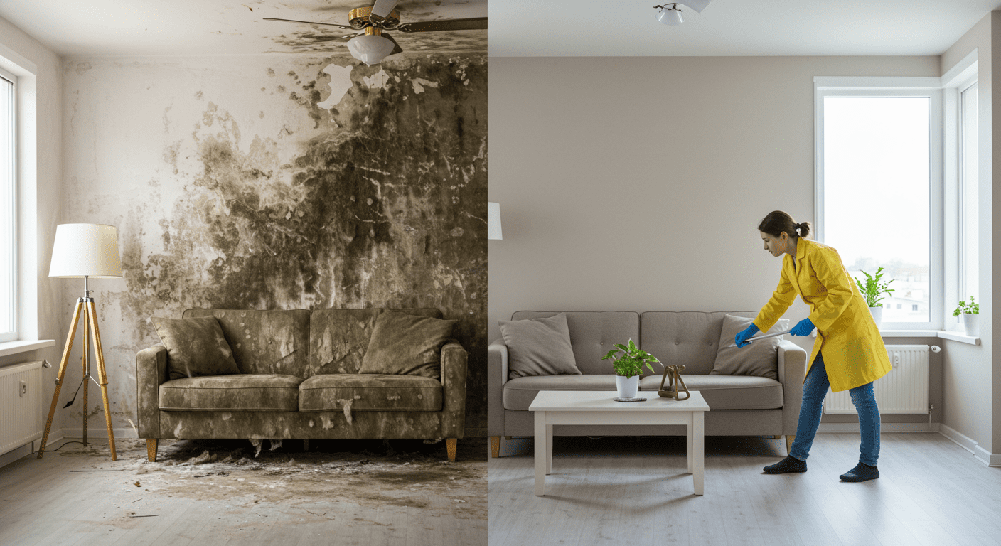 A before-and-after comparison of a living room affected by mold versus a clean, restored space. The left side shows visible mold damage, while the right side displays a fresh, mold-free environment, highlighting the effectiveness of professional cleanup services.