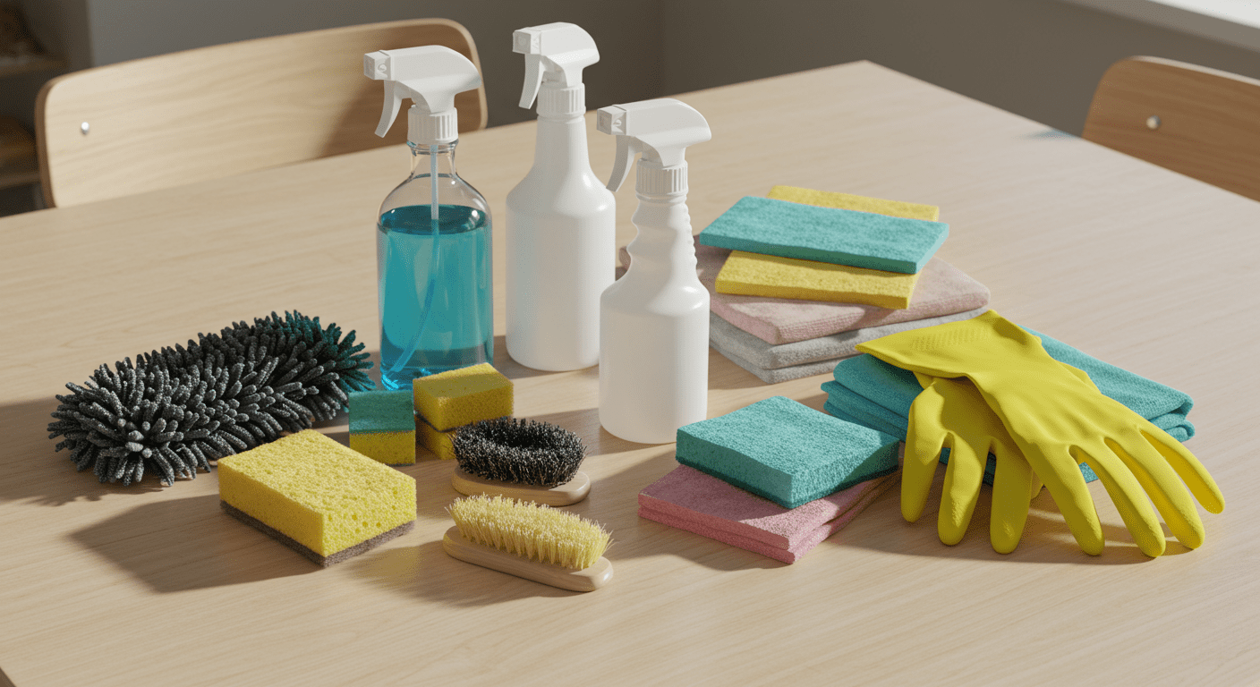 A DIY mold removal kit displayed on a table, including spray bottles, gloves, and cleaning materials, ready for use.