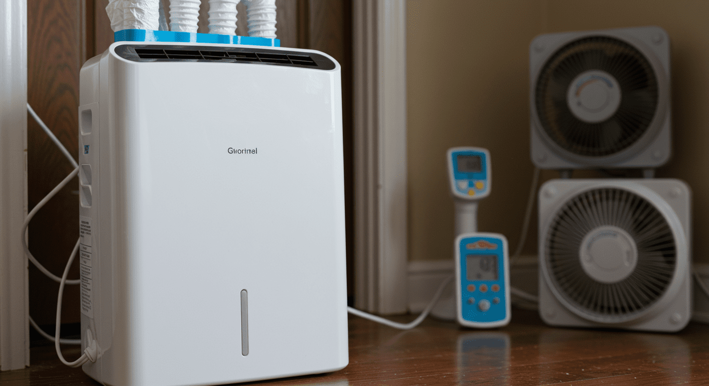 An image of a dehumidifier in a home setting, with moisture control tools like humidity meters and ventilation fans in the background.