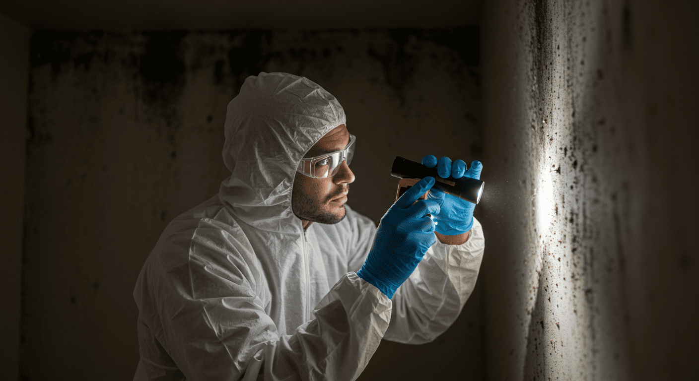 A professional mold inspector wearing protective gear is examining a damp corner of a home with a flashlight and mold testing equipment. The focus is on the inspector's concentration and the visible mold growth on the wall.