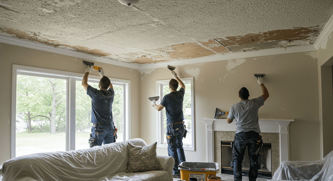 A professional team working together to remove a stucco popcorn ceiling, showcasing teamwork and expertise in a home setting.